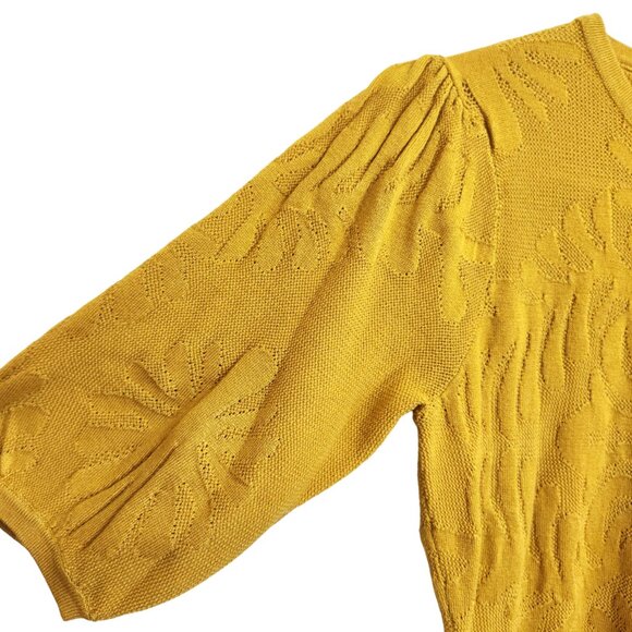 Ophelia Roe Puff Sleeve Gold Yellow Medallion Knit Eyelet Sweater Size S - Picture 2 of 14